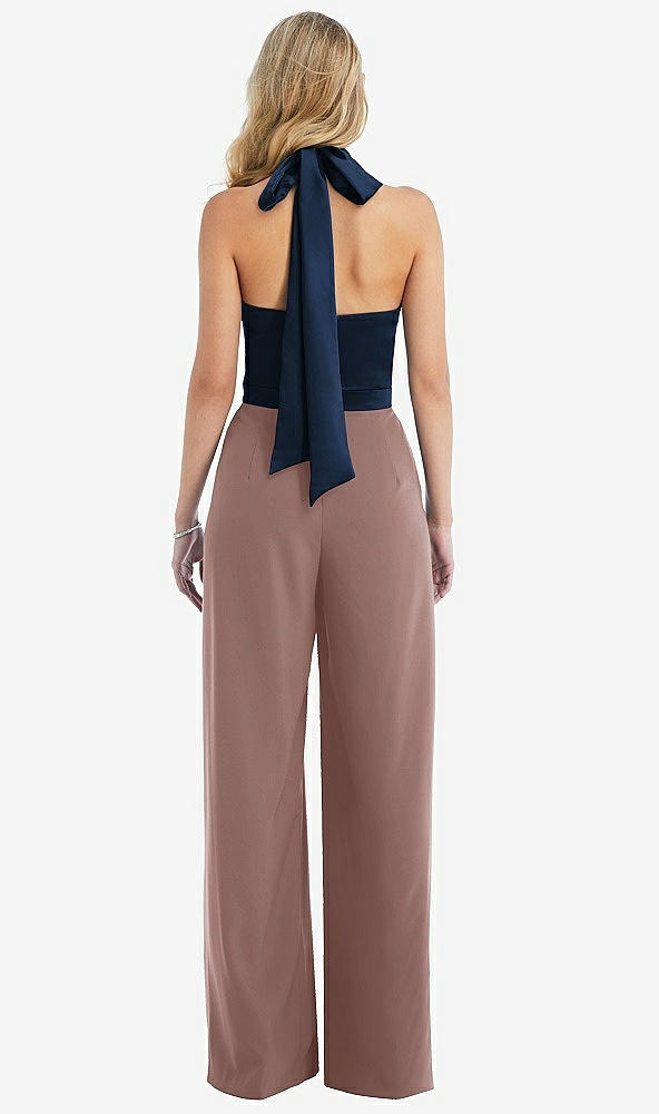 Back View - Sienna & Midnight Navy High-Neck Open-Back Jumpsuit with Scarf Tie