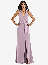 Front View Thumbnail - Suede Rose Open-Back Halter Maxi Dress with Draped Bow