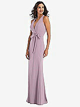 Side View Thumbnail - Suede Rose Open-Back Halter Maxi Dress with Draped Bow
