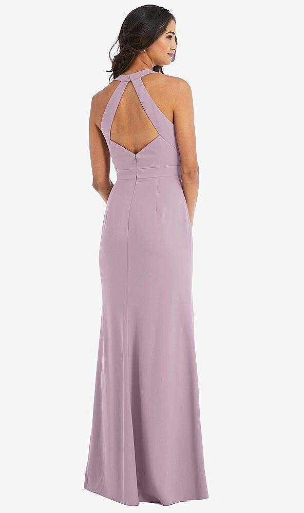 Back View - Suede Rose Open-Back Halter Maxi Dress with Draped Bow