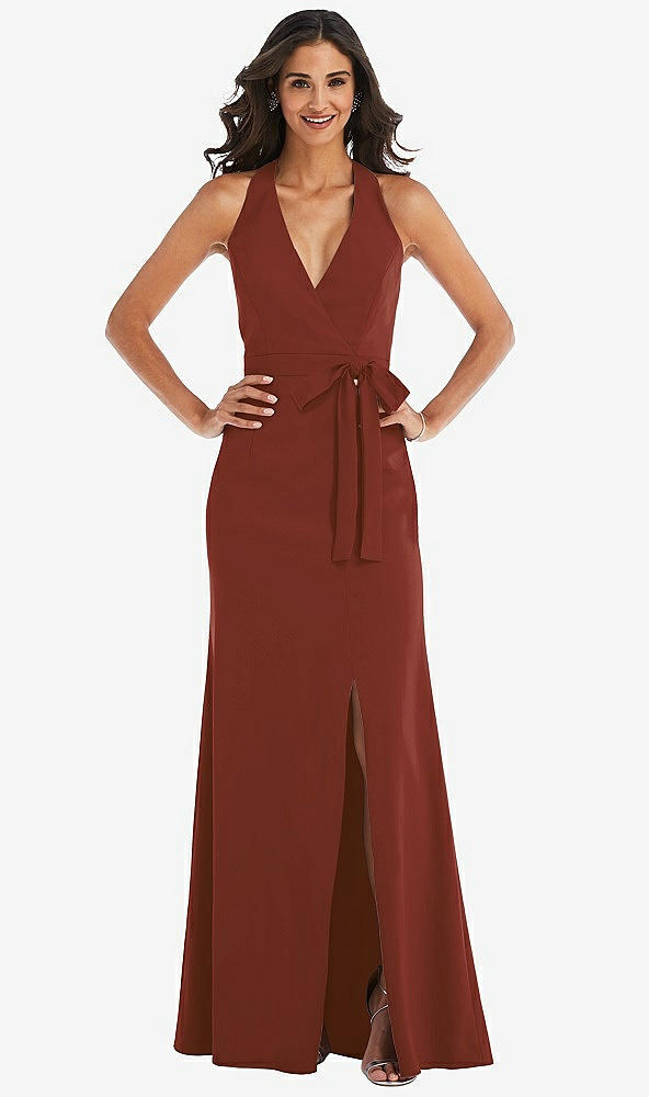 Front View - Auburn Moon Open-Back Halter Maxi Dress with Draped Bow