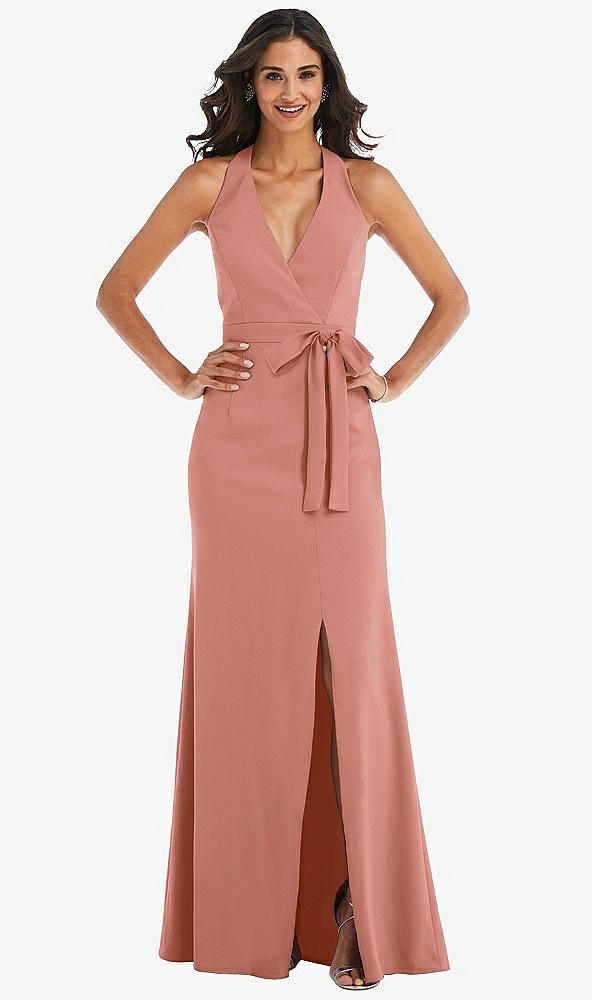 Front View - Desert Rose Open-Back Halter Maxi Dress with Draped Bow