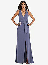 Front View Thumbnail - French Blue Open-Back Halter Maxi Dress with Draped Bow