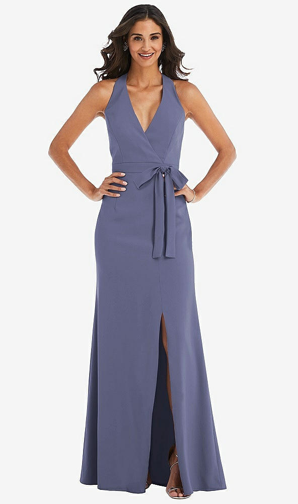Front View - French Blue Open-Back Halter Maxi Dress with Draped Bow