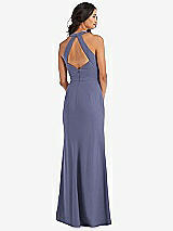 Rear View Thumbnail - French Blue Open-Back Halter Maxi Dress with Draped Bow