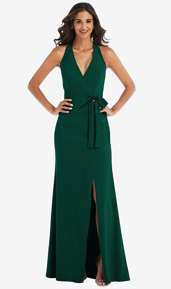Front View - Hunter Green Open-Back Halter Maxi Dress with Draped Bow