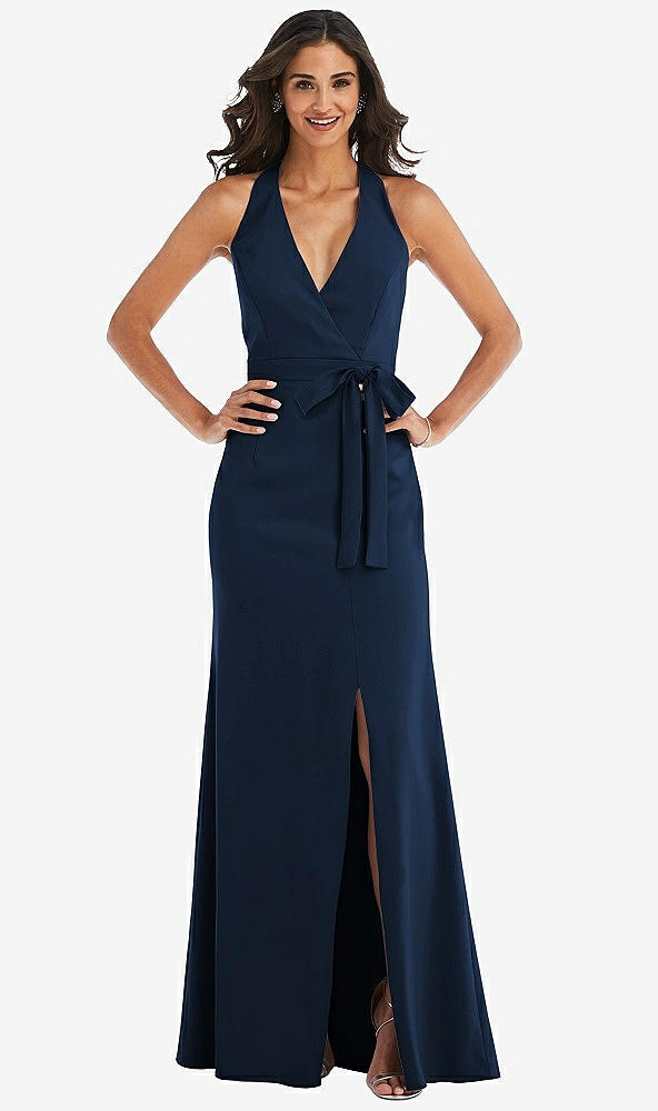 Front View - Midnight Navy Open-Back Halter Maxi Dress with Draped Bow