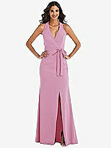 Front View Thumbnail - Powder Pink Open-Back Halter Maxi Dress with Draped Bow