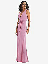 Side View Thumbnail - Powder Pink Open-Back Halter Maxi Dress with Draped Bow