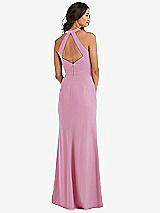 Rear View Thumbnail - Powder Pink Open-Back Halter Maxi Dress with Draped Bow