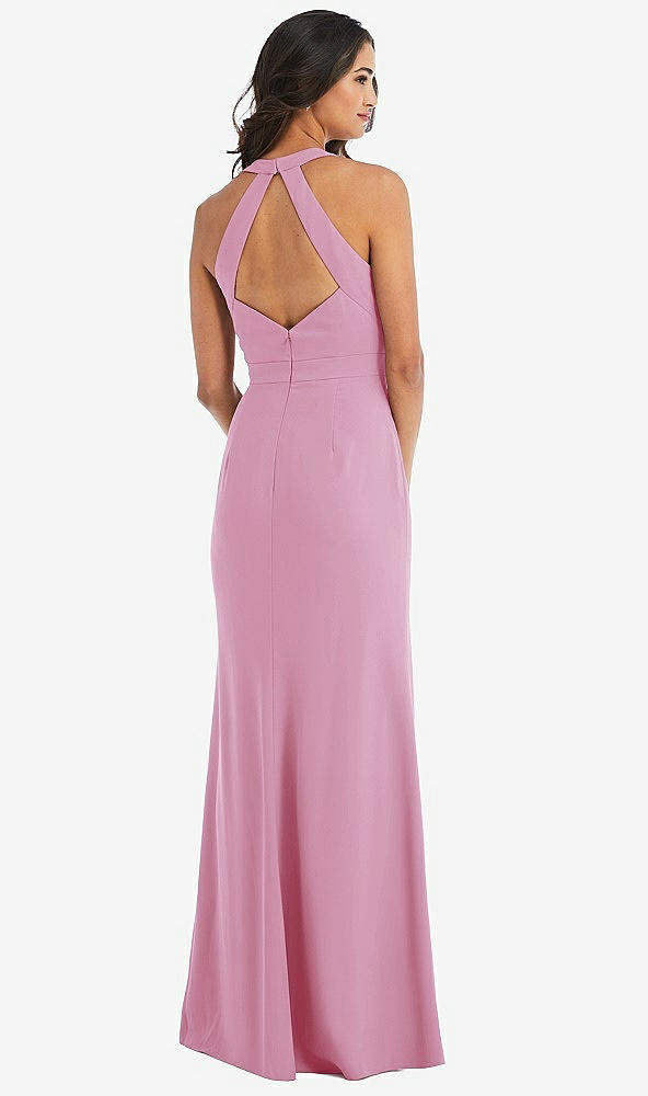 Back View - Powder Pink Open-Back Halter Maxi Dress with Draped Bow