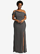 Front View Thumbnail - Caviar Gray One-Shoulder Draped Cuff Maxi Dress with Front Slit