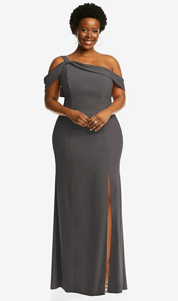 Front View - Caviar Gray One-Shoulder Draped Cuff Maxi Dress with Front Slit