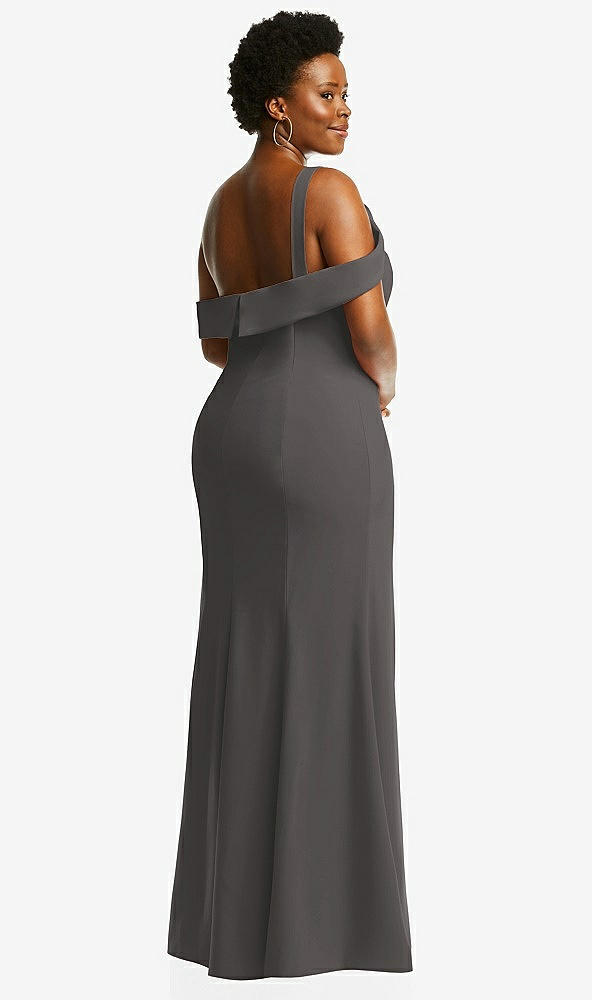 Back View - Caviar Gray One-Shoulder Draped Cuff Maxi Dress with Front Slit