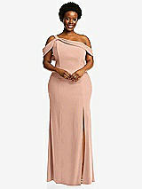 Front View Thumbnail - Pale Peach One-Shoulder Draped Cuff Maxi Dress with Front Slit