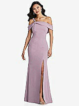 Alt View 1 Thumbnail - Suede Rose One-Shoulder Draped Cuff Maxi Dress with Front Slit