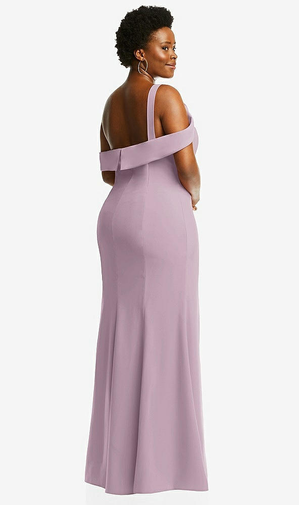 Back View - Suede Rose One-Shoulder Draped Cuff Maxi Dress with Front Slit