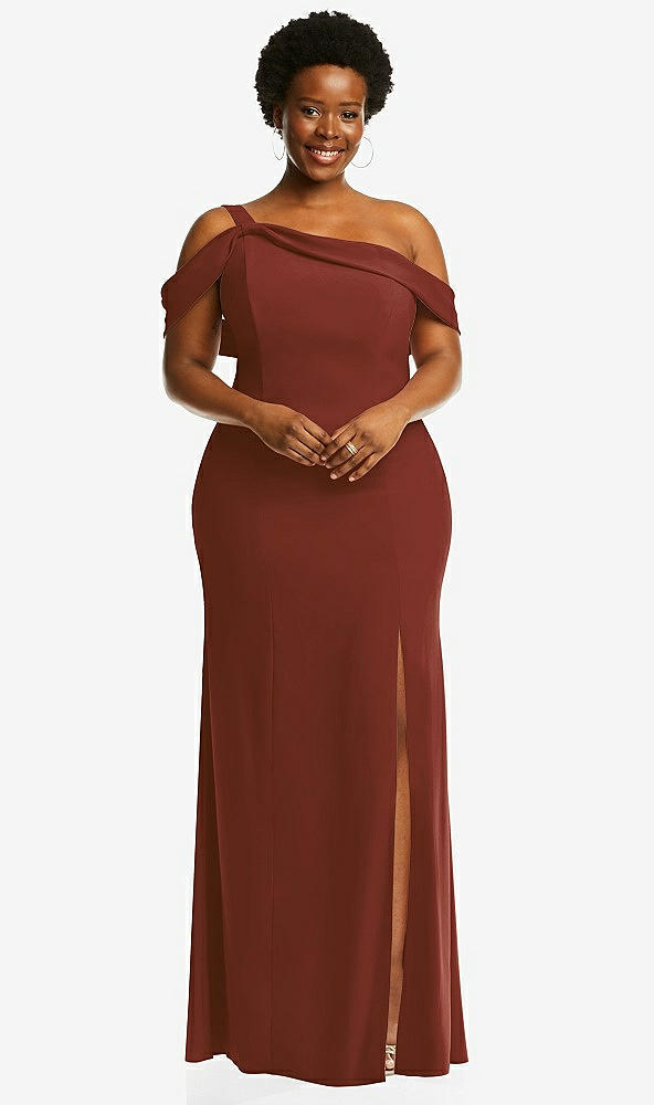 Front View - Auburn Moon One-Shoulder Draped Cuff Maxi Dress with Front Slit