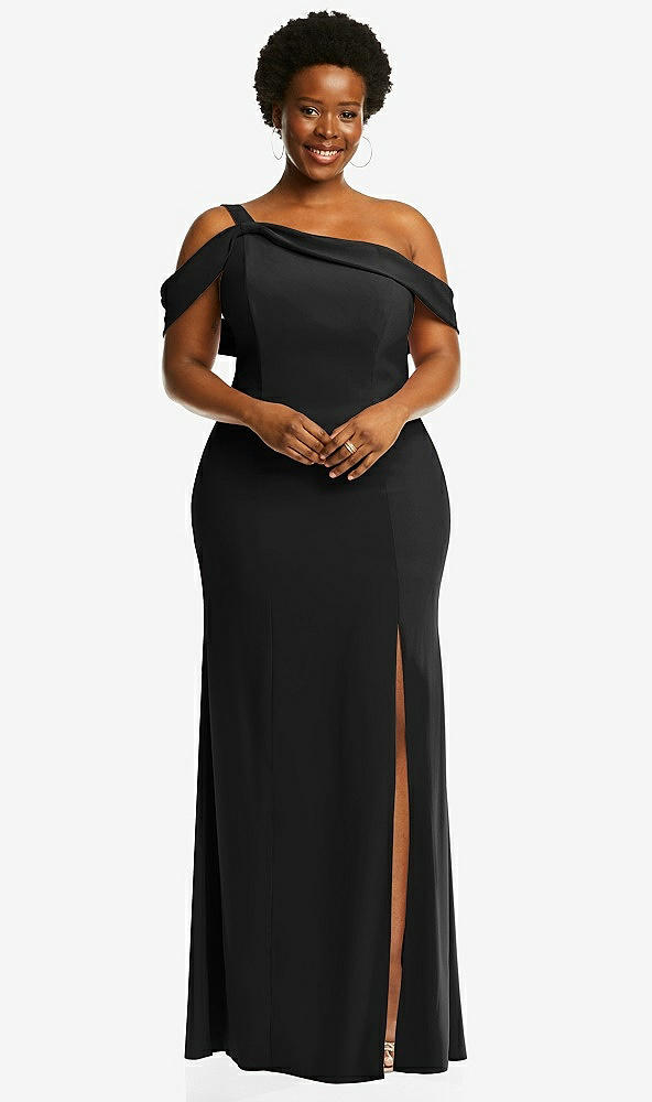 Front View - Black One-Shoulder Draped Cuff Maxi Dress with Front Slit