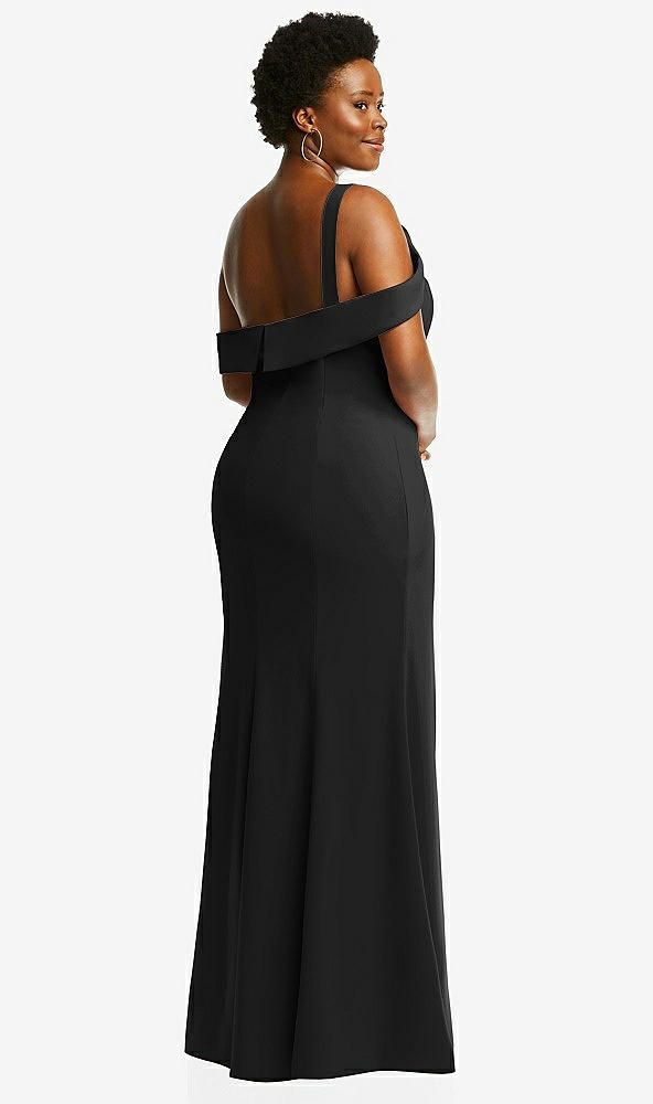 Back View - Black One-Shoulder Draped Cuff Maxi Dress with Front Slit