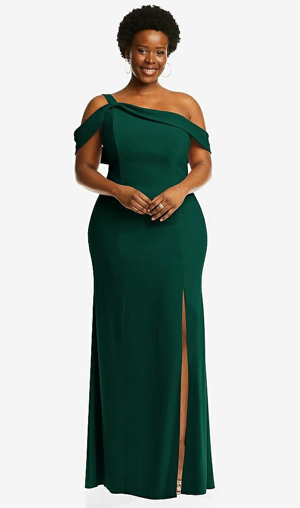 Front View - Hunter Green One-Shoulder Draped Cuff Maxi Dress with Front Slit
