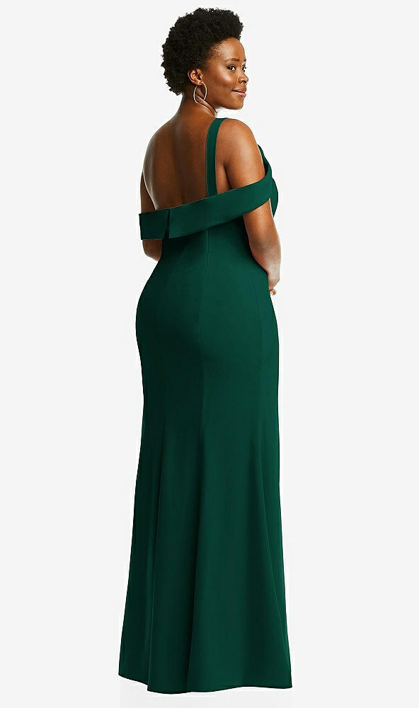 Back View - Hunter Green One-Shoulder Draped Cuff Maxi Dress with Front Slit