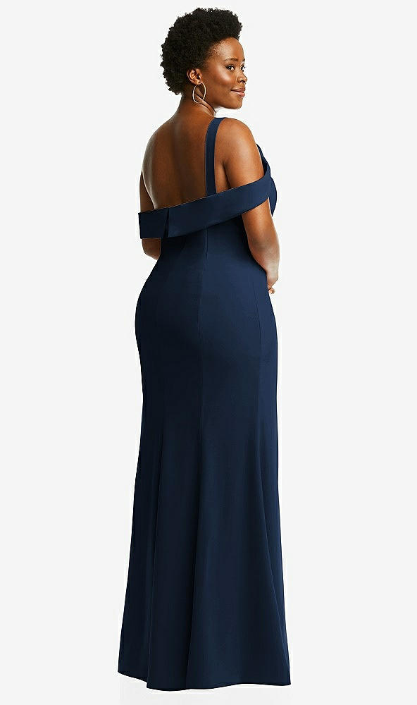 Back View - Midnight Navy One-Shoulder Draped Cuff Maxi Dress with Front Slit
