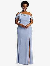 Front View Thumbnail - Sky Blue One-Shoulder Draped Cuff Maxi Dress with Front Slit