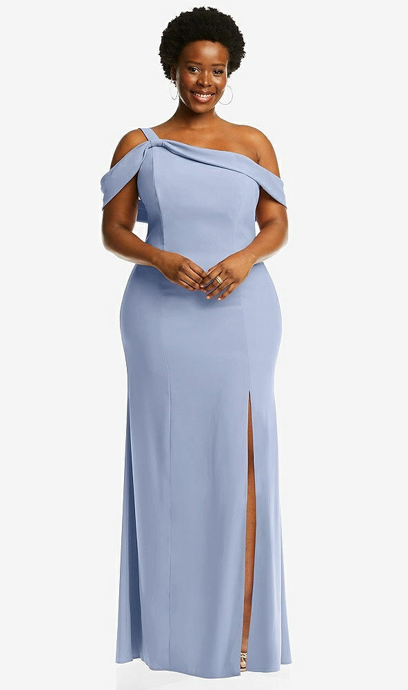 Front View - Sky Blue One-Shoulder Draped Cuff Maxi Dress with Front Slit