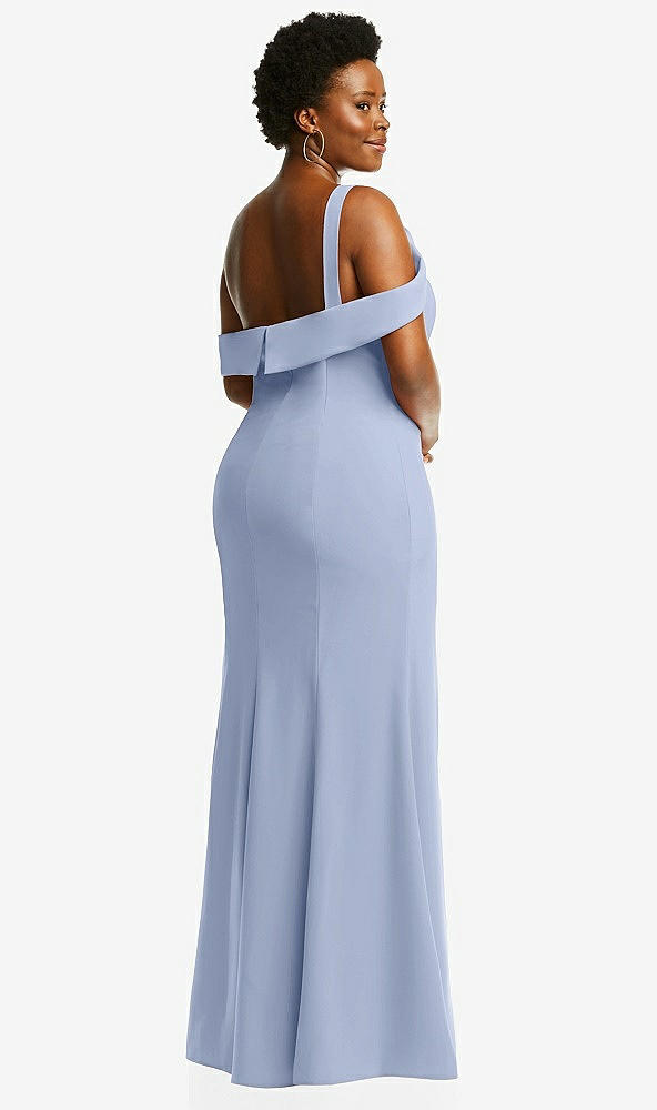 Back View - Sky Blue One-Shoulder Draped Cuff Maxi Dress with Front Slit