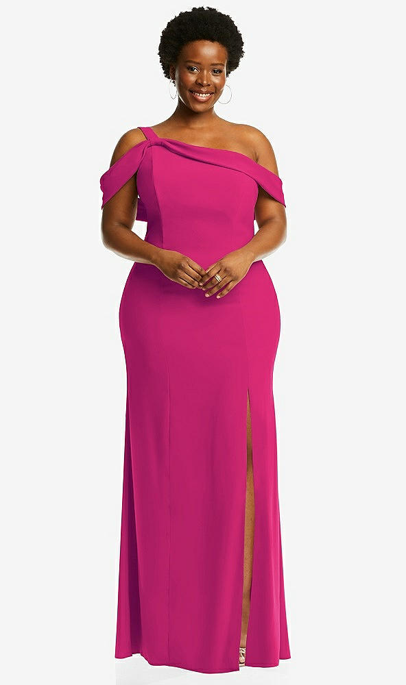 Front View - Think Pink One-Shoulder Draped Cuff Maxi Dress with Front Slit