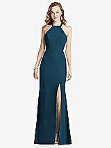 Rear View Thumbnail - Atlantic Blue High-Neck Halter Dress with Twist Criss Cross Back 