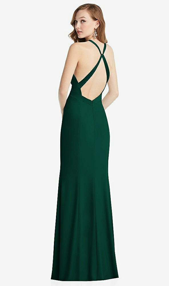 Front View - Hunter Green High-Neck Halter Dress with Twist Criss Cross Back 