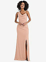 Front View Thumbnail - Pale Peach One-Shoulder Draped Cowl-Neck Maxi Dress