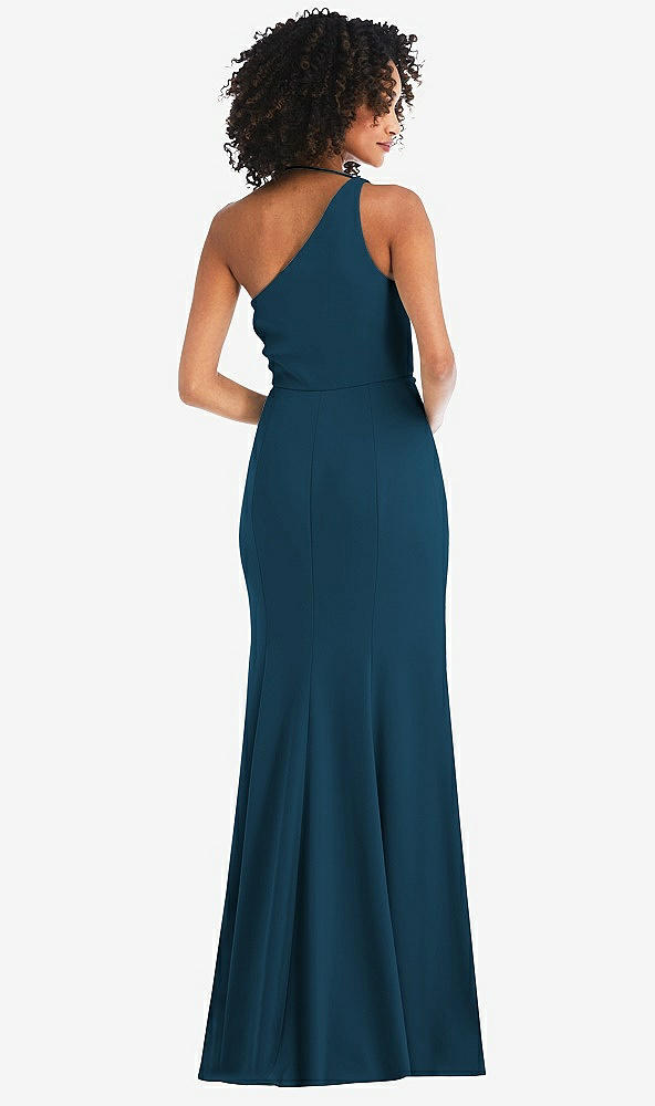 Back View - Atlantic Blue One-Shoulder Draped Cowl-Neck Maxi Dress