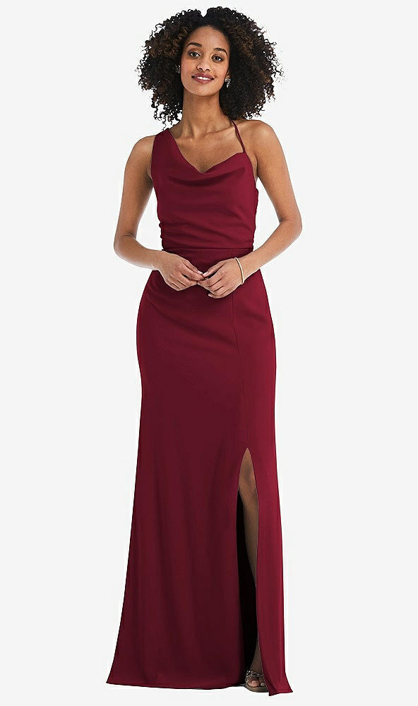 Front View - Burgundy One-Shoulder Draped Cowl-Neck Maxi Dress