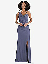 Front View Thumbnail - French Blue One-Shoulder Draped Cowl-Neck Maxi Dress