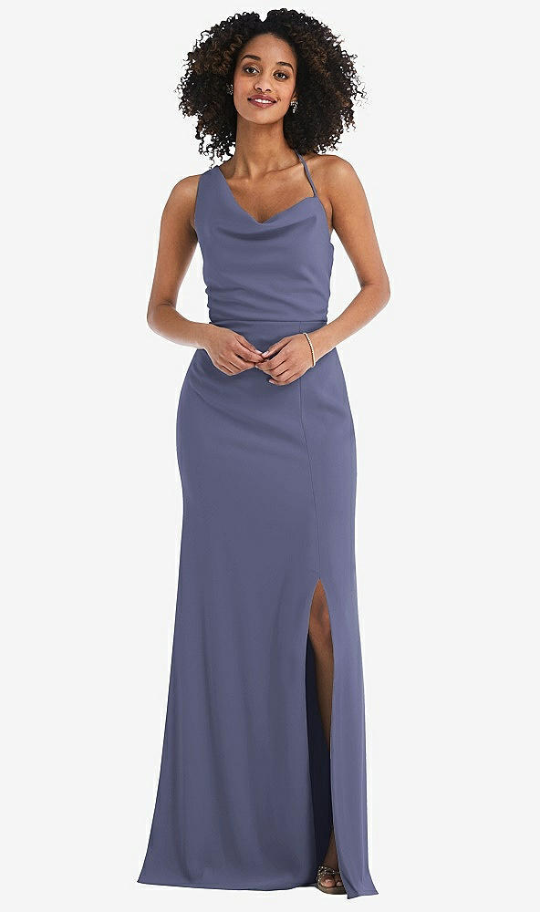 Front View - French Blue One-Shoulder Draped Cowl-Neck Maxi Dress