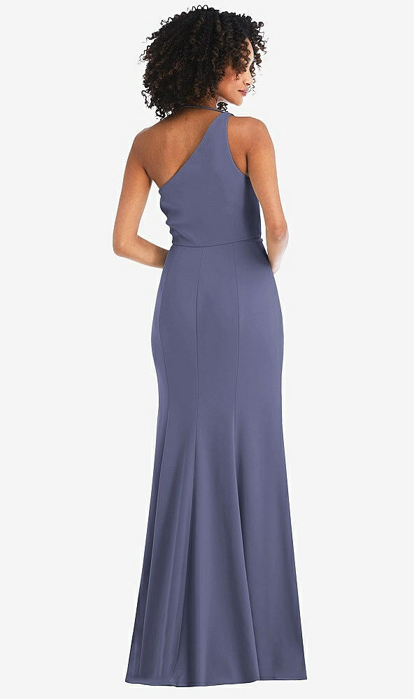 Back View - French Blue One-Shoulder Draped Cowl-Neck Maxi Dress