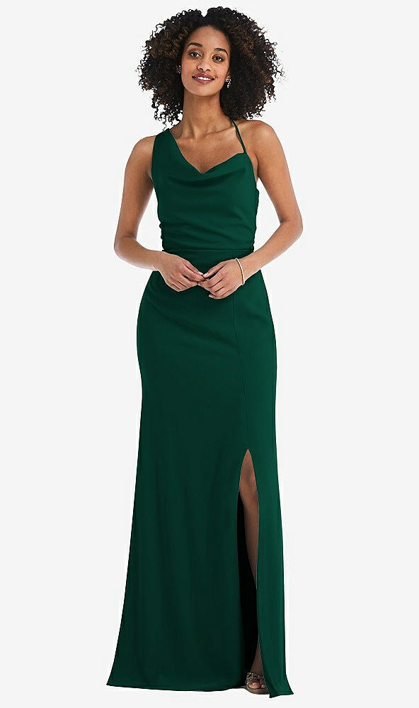 Front View - Hunter Green One-Shoulder Draped Cowl-Neck Maxi Dress