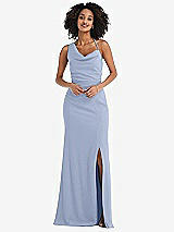 Front View Thumbnail - Sky Blue One-Shoulder Draped Cowl-Neck Maxi Dress
