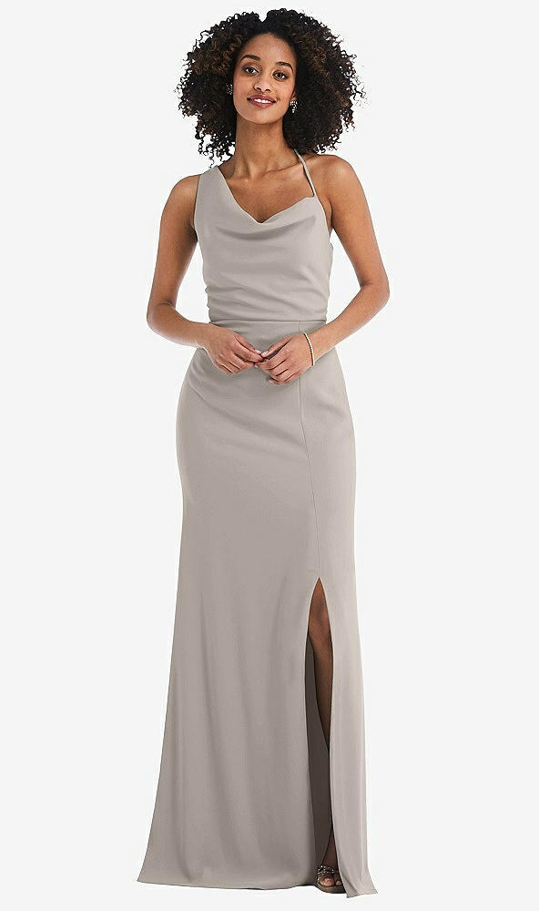 Front View - Taupe One-Shoulder Draped Cowl-Neck Maxi Dress