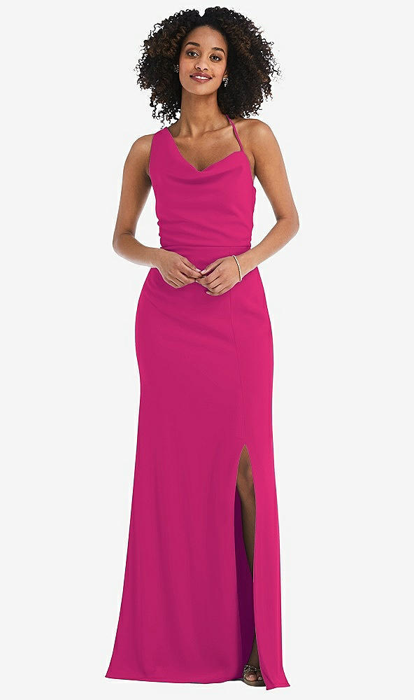 Front View - Think Pink One-Shoulder Draped Cowl-Neck Maxi Dress