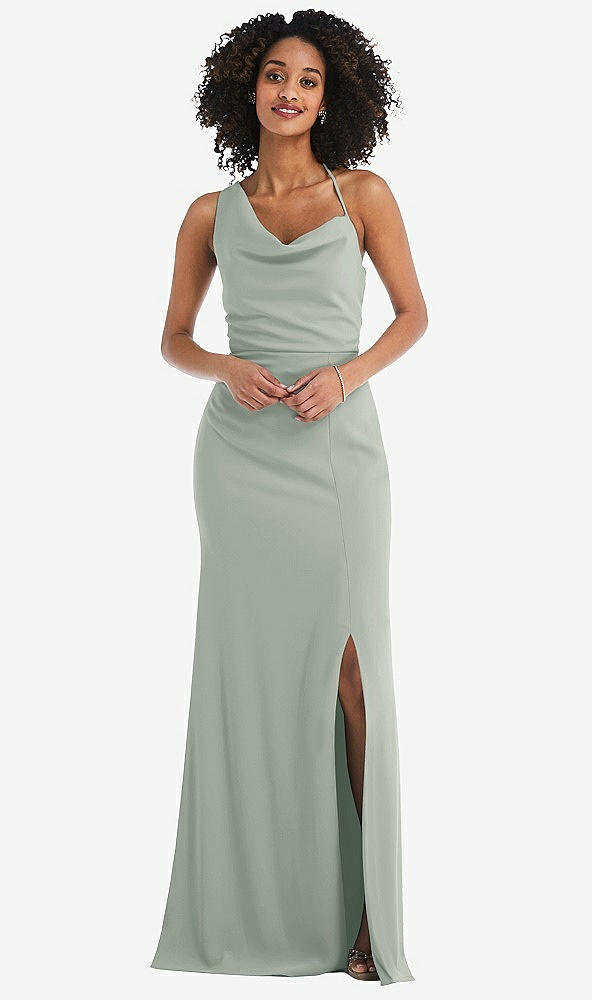 Front View - Willow Green One-Shoulder Draped Cowl-Neck Maxi Dress