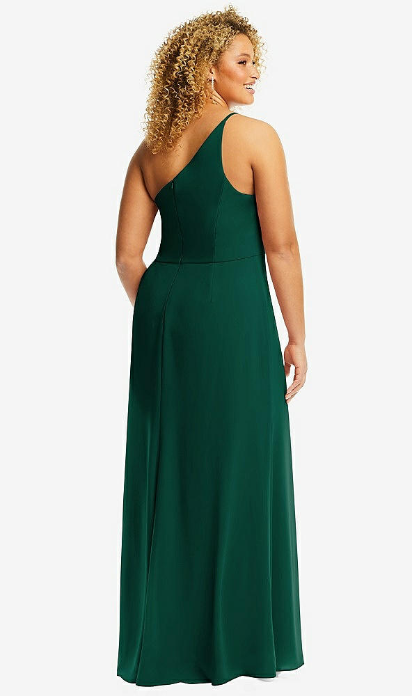 Back View - Hunter Green Skinny One-Shoulder Trumpet Gown with Front Slit