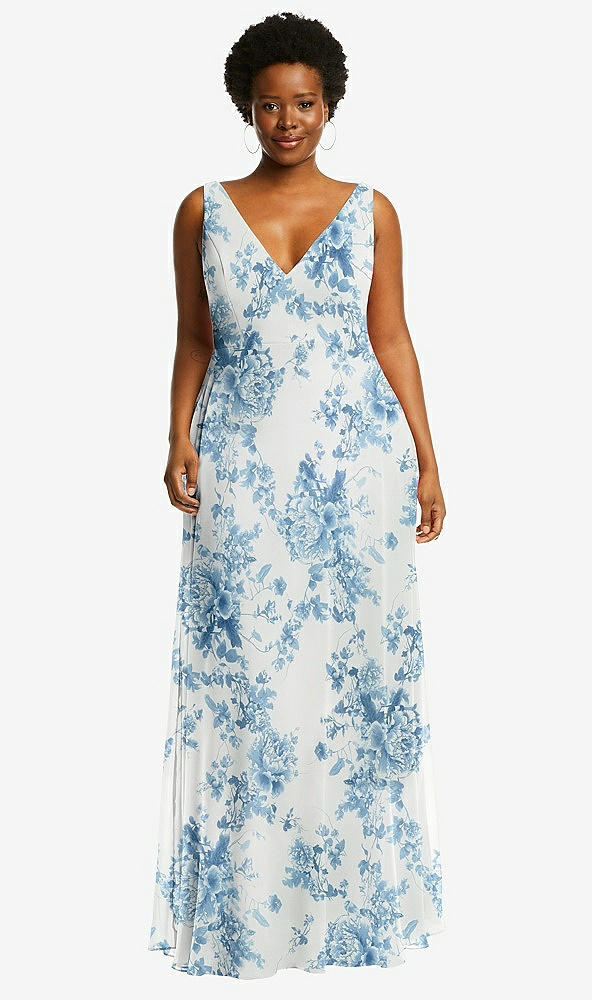 Front View - Cottage Rose Dusk Blue Deep V-Neck Chiffon Maxi Dress