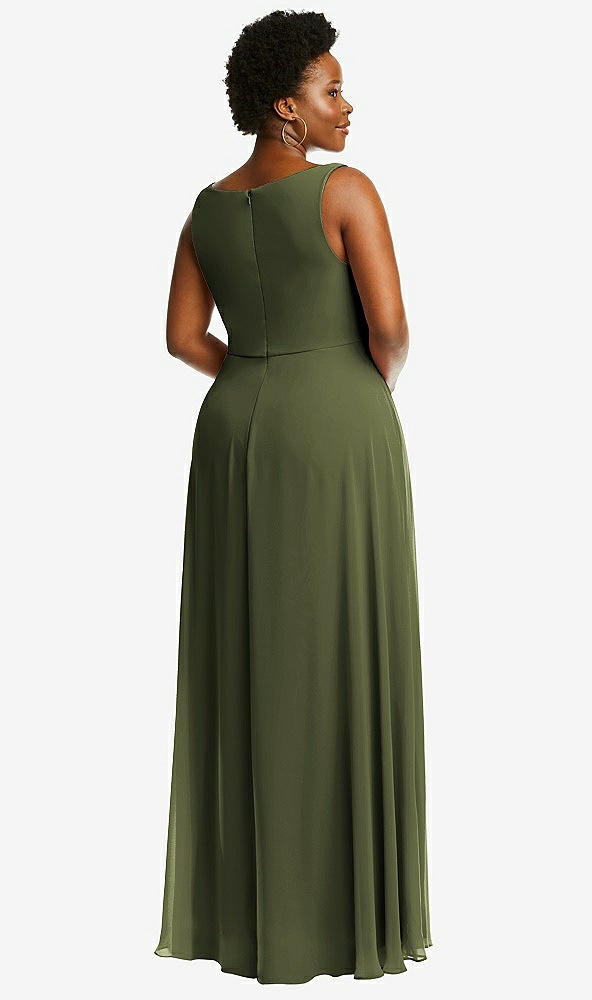 Back View - Olive Green Deep V-Neck Chiffon Maxi Dress