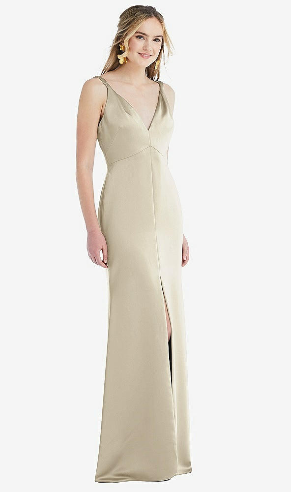 Front View - Champagne Twist Strap Maxi Slip Dress with Front Slit - Neve