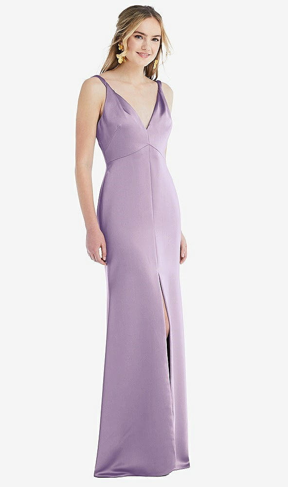 Front View - Pale Purple Twist Strap Maxi Slip Dress with Front Slit - Neve