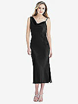 Front View Thumbnail - Black Asymmetrical One-Shoulder Cowl Midi Slip Dress
